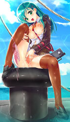 absurdres blush breasts censored female green_eyes hair_ornament hairclip highres kantai_collection long_hair looking_at_viewer nipples open_clothes open_mouth open_shirt panties panties_around_leg pussy pussy_juice sakaki_maki school_uniform side-tie_panties skirt skirt_lift solo spread_legs spread_pussy suzuya_(kantai_collection) thighhighs underwear untied