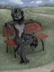 1boy 2014 anthro balls bench blue_eyes canine claws dragon erection feline fur hair horn hybrid krimzen_redwing looking_at_viewer male male_only mammal mane muscles nude outside park penis public renki_blackwolf sitting smile solo stripes tiger white_fur wolf