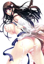 aqua_eyes ass breasts brown_hair cum cum_in_pussy fan female flower folding_fan hair_flower hair_ornament highres japanese_clothes kimono large_breasts long_hair looking_at_viewer nipples no_panties off_shoulder ookami_ryousuke open_mouth original solo