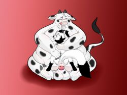 anthro ass balls blush bovine canine cattle closed_eyes cum droll fox hooves horn mammal markings obese overweight penis scarf shadow sitting smile teeth tongue yinfox