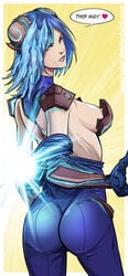 armor ass blue_hair bodysuit breasts brown_eyes english female frostblade_irelia hair_ornament highres ice irelia_xan league_of_legends lens_flare looking_at_viewer nipples short_hair sideboob snowdown_series solo standing uger undressing winter_wonderland_series