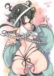 ass_focus asterisk_(symbol) blush cameltoe dated from_behind large_ass large_breasts looking_back mage original original_character signature symbol-shaped_pupils thick_thighs wide_hips