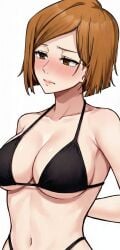 artist_request ashamed big_breasts bikini bikini_top black_bra brown_eyes brown_hair jujutsu_kaisen kugisaki_nobara nobara nobara_kugisaki tagme tagme_(artist) white_background