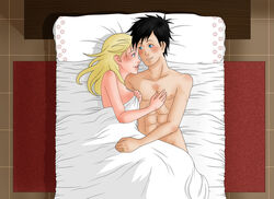 1boy 1girls bed bed_sheet black_hair blonde_hair color crossover danny_fenton danny_phantom disney elsa_(frozen) female frozen_(film) hair hair_down human in_bed indoors lying male male_nipples nickelodeon nude on_back on_side pitukel short_hair straight