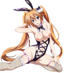 animal_ears arms_behind_head breasts brown_hair bunny_ears bunnysuit erect_nipples female fishnet fishnet_stockings frills garter high_school_dxd kneeling large_breasts leotard long_hair long_twintails mg_renders nipples open_mouth orange_hair pink_eyes ribbon shidou_irina solo spread_legs startled stockings thighhighs torn_clothes transparent_background twintails usagimimi very_long_hair