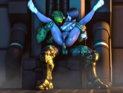Armor, Big Breasts, Blue Body, Blue Hair