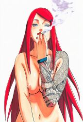 1girls accurate_art_style accurate_body_type ai_generated areola areolae arm_tattoo bare_breasts bare_skin belly_button blue_eyes bracelet breasts cel_shading cigarette cleavage completely_nude completely_nude_female curvaceous curvy dragon_tattoo facing_viewer female female_focus female_only front_view full_color hair_ornament hairclip high_resolution highres jewelry light-skinned_female light_skin line_art long_hair looking_at_viewer manga_style masashi_kishimoto_style mature_female medium_breasts midriff milf nail_polish naked naruto naruto_(series) naruto_shippuden navel nipples nude nude_female painted_nails pink_nipples pinup pose red_hair red_nails shiny_hair shiny_skin shoulder_tattoo simple_background smoke smoking smoking_cigarette smooth_skin solo solo_female solo_focus standing stomach tattoo topless topless_female upper_body uzumaki_kushina white_background wristband ㅇㅇ