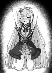 absurdres ahoge armpits arms_behind_head arms_up black_jacket blush checkered_clothes checkered_dress checkered_hairband cum cum_on_armpits cum_on_body cumdrip dress extra_pupils facial female female_tyrant_(stella_sora) hairband highres jacket kneeling long_hair looking_at_viewer mitsumine_raimu no_panties pointy_ears pussy sleeveless sleeveless_dress sleeveless_jacket solo stella_sora tally tyrant_(stella_sora)