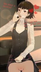 3d asking asking_for_blowjob asking_for_it asking_for_sex asking_viewer braided_hair flashing flashing_pussy lifting_skirt looking_at_viewer makoto_niijima no_panties nobodyrly_(artist) persona persona_5 sfm staring_at_viewer tagme vest wet wet_pussy