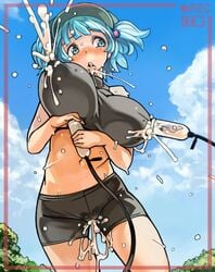 blue_eyes blue_hair blush breasts camera clothing cum cum_in_pussy cum_inside erect_nipples huge_breasts kappa lactation lactation_through_clothes milking_machine nitori_kawashiro no_humans open_mouth outdoor outdoors outside sachito short_hair team_shanghai_alice touhou youkai