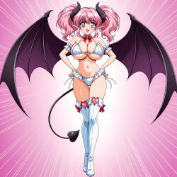:d ai_generated bikini black_horns blush boots bow bowtie breasts cleavage clothing demon_girl demon_horns demon_tail demon_wings emphasis_lines female footwear frilled_bikini frills full_body hands_on_own_hips heart_choker heart_o-ring horns huge_breasts large_breasts legwear looking_at_viewer navel o-ring o-ring_bikini oerba_yun_fang open_mouth pink_background pink_eyes pink_hair pointy_ears purple_eyes red_bow red_bowtie shiny_skin side-tie_bikini_bottom smile solo standing swimsuit tail thigh_boots thigh_gap thighhighs twintails underboob white_bikini white_footwear white_thighhighs wings
