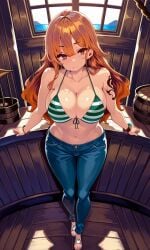 1girls ai_generated female female_only inside_ship nami_(one_piece) one_piece pirate_ship pixai pixiv posing shiokonbu_art_style ship