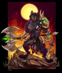 abs anthro axe balls battle_axe black_claws black_nipples black_nose black_tongue canid canine cheek_tuft chest_tuft chumbasket claws erection facial_tuft fangs fire front_view full-length_portrait fur genitals green_eyes hi_res holding_axe holding_object humanoid_genitalia humanoid_penis hybrid_genitalia hybrid_penis knot knotted_humanoid_penis knotted_penis leg_tuft male mammal melee_weapon moon muscular muscular_anthro muscular_male navel nipples open_mouth pecs penis portrait pubes purple_body purple_fur rock saggy_balls solo standing sword teeth tongue tuft weapon