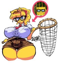 clothed genderswap genderswap_(mtf) glasses huge_breasts nipple_bulge reference_sheet rule_63 spongebob_squarepants spongebob_squarepants_(character) thick_thighs wide_hips yellow_skin zommbay