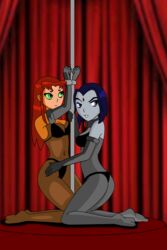 2girls andronicusvii animated bikini bouncing_breasts bound bra breast breasts cleavage dc dc_comics gloves jiggle navel pole_dancing rachel_roth raven_(dc) restrained smooth_skin starfire stripper stripper_pole teen_titans yuri