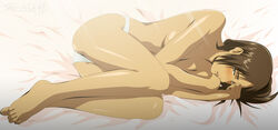 accurate_art_style attack_on_titan barefoot blush brown brown_hair eyes feet freckles stiky_finkaz topless ymir_(shingeki_no_kyojin)