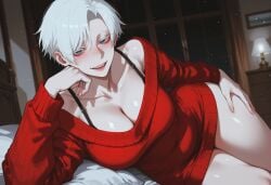1girls ai ai-created ai_art ai_generated albino bare_shoulders bed bedroom belly black_bra blue_eyes bra bra_strap breasts cleavage clothed clothing collarbone covered_navel cowboy_shot curvy curvy_body curvy_female curvy_figure depth_of_field deviantart_link dress elbow_rest eyebrows eyelashes eyeliner female female_focus female_only half-closed_eyes hand_on_own_thigh hand_on_thigh high_quality high_resolution highres indoors large_breasts light-skinned_female light_particles light_skin long_eyelashes looking_at_viewer lying lying_on_bed lying_on_side navel off_shoulder on_bed on_side open_mouth parted_bangs pillow pixie_cut red_dress red_eyeliner shiny_skin short_hair smile smirk solo solo_female sweater_dress teeth thick thick_thighs thighs thin_waist tomboy tomboyish tongue uersor voluptuous voluptuous_body voluptuous_female white_eyebrows white_eyelashes white_hair white_skin wide_hips young_female zoe_(uersor)