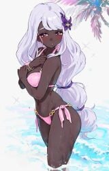1girls alternate_costume alternate_hairstyle bikini blush bracelet breasts cameltoe cleavage color commentary_request covering_chest covering_privates dark-skinned_female dark_skin embarrassed eyebrows_visible_through_hair female fingernails flower flower_in_hair from_side furrowed_brow hair_ornament hair_tie half-closed_eyes hands_up highres jacinthe_(pokemon) jewelry large_breasts lighting long_fingernails long_hair looking_at_viewer low-tied_long_hair multi-tied_hair multicolored_eyes nail_polish nintendo ocean open_toe_shoes outdoors painted_nails palm_tree parted_lips partially_clothed partially_submerged pink_bikini pokemon pokemon_legends:_z-a purple_eyes purple_hair purple_nails smile solo standing swimsuit tied_hair tree very_dark_skin very_long_hair wading water wet white_background white_hair yellow_eyes yomizu_(rdad3278) yukari_(pokemon)