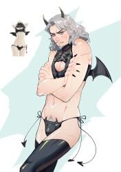 2d beard black_nails blush castlevania devil_horns dilf dracula_(castlevania) embarrassed fetish_wear horns jerrydove long_fingernails looking_away male moustache older_male panties pubic_hair skimpy solo solo_male tagme thigh_highs thong vampire white_hair white_pubic_hair wings yellow_eyes