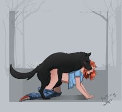 2d adult_female adult_male adults all_fours animal bestiality book breeding canid canine canine_on_human canis chloe_saunders closed_eyes derek_souza doggy_style fanart female female_on_feral feral feral_on_female feral_on_human feral_penetrating feral_penetrating_human heterosexual heterosexual_sex human_female human_on_feral human_penetrated kelley_armstrong male moan moaning mount mounted mounted_for_sex mounted_from_behind on_all_fours open_mouth outdoors pants_down redhead sex the_awakening the_darkest_powers the_reckoning the_summoning thrusting werewolf wolf zoophilia