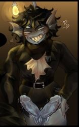 2_penises 3_eyes anglerfish_humanoid anthro black_hair blush bodily_fluids genital_fluids genitals hair heart_symbol hi_res humanoid male multi_eye multi_genitalia multi_penis penis precum pressure_(roblox) roblox roblox_game sebastian_solace sephydoesnsfw smile solo throbbing throbbing_penis