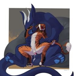 2026 5_fingers anthro anthro_on_feral anthro_penetrated balls bedroom_eyes big_dom_small_sub bite black_body black_fur blue_body blue_eyes blue_fur blue_pawpads bodily_fluids brown_body brown_fur cum cum_drip cum_in_slit cum_inside cum_on_self digital_media_(artwork) digitigrade dominant dripping duo eslakon_(artist) fangs felid feline feral feral_penetrating feral_penetrating_anthro fingers fur genital_fluids genitals hi_res horn knotting long_ears long_tail male male/male mammal markings narrowed_eyes open_mouth orange_body orange_fur pawpads penetration pillow royal_vernid scale_markings scales seductive sex signature simple_background sitting_on_another size_difference slit_penetration slit_play smaller_penetrated striped_body striped_fur stripes tail tail_tuft teeth tuft venbred vernid white_body white_fur zoophilia