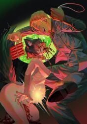 animal_ears arched_back black_necktie blonde_hair blood blood_from_eyes blood_from_mouth blood_splatter breasts collar collared_shirt commentary commission derek_goffard english_commentary ero_guro explosive exposed_muscle feet_out_of_frame firecrackers fox_ears fox_tail furry furry_female guro hair_slicked_back highres holding holding_leash inflation intestines jacket knee_up leash looking_at_another necktie original_character self-harm shirt soureeeee tail the_price_of_flesh thigh_cutting vest vomit white_shirt wrist_cutting