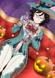 1boy alaplateada black_hair bowtie boy brown_eyes clothing coattails cosplay couch elegant erect_penis exposed_penis femboy forest formal furniture glasses halloween halloween_costume indie_virtual_youtuber inminent_sex jack-o'-lantern latam_virtual_youtuber legs_together mad_hatter_(monster_girl_encyclopedia) mushroom open_fly outside penis penis_out pumpkin sitting smiling_at_penis smug_face suit tailcoat tea_cup top_hat white_gloves yachiyo_seren