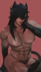 1boy 3d abs ambush_(trap) animal_tail black_arms black_hair black_sclera cat_ears demon femboy feminine feminine_faced_male feminine_male feminine_pose kemonomimi long_hair masculine_male muscular muscular_femboy pecs pubic_tattoo seclorum_(artist) solo tattoo yellow_iris