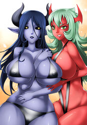 10hmugen 2demons 2girls asmodeus_(shinrabanshou) bikini black_bikini black_sclera blue_skin breasts clenched_teeth crossover demon demon_girl demon_horns emmaai green_eyes green_hair horns large_breasts long_hair micro_bikini multiple_girls nipples_visible_through_clothing open_mouth panty_&_stocking_with_garterbelt pointy_ears red_skin scanty_daemon shinrabanshou sideboob sling_bikini slit_pupils smile swimsuit yellow_eyes