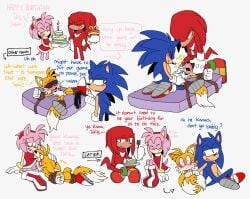 2_tails amy_rose anal anal_sex anthro birthday birthday_cake blindfold blush bodily_fluids bound cake candle canid canine caught_in_the_act clothing cum cum_on_face cumshot cunnilingus cutlery dessert dialogue dominant dominant_male dress duo eating eating_food echidna ejaculation english_text eulipotyphlan female fist flogger food footwear forced forced_cunnilingus fork fully_bound fully_restrained genital_fluids genitals gloves group hand_on_head handwear hedgehog hi_res immobilization kitchen_utensils knuckles_the_echidna male male/female male/male male_penetrated male_penetrating male_penetrating_anthro male_penetrating_male mammal mattress monotreme multi_tail open_mouth oral pachi_rizuu penetration penile penile_penetration penis penis_in_ass penis_on_face penis_size_difference presenting restrained_arms restrained_legs saliva_pool sega sex shoes size_difference sonic_(series) sonic_the_hedgehog sonic_the_hedgehog_(series) submissive submissive_male sweat sweatdrop tail tails tails_the_fox text tongue tongue_out tools trio vaginal_penetration