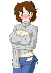 1girls annoyed aoimaru bikini_jeans blush breast_hold breasts brown_eyes brown_hair cleavage cleavage_cutout clothing_cutout denim female female_focus highres jeans large_breasts looking_at_viewer lowleg lowleg_pants midriff navel open-chest_sweater original pants ribbed_sweater short_hair solo sweater textless_version turtleneck white_background