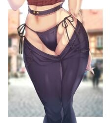1girls arm_behind_back bikini_jeans blue_panties blue_pants blurry blurry_background chaps commentary_request denim female fingernails highres hip_focus jeans lower_body lowleg lowleg_pants navel original outdoors panties pants red_shirt sharp_fingernails shirt side-tie_panties solo standing thighs underwear wakura_(gcdan)