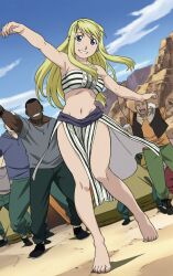 1girls abasta african_dress ai_generated barefoot blonde_hair breastsfemale dancing dark-skinned_male desert feet fullmetal_alchemist happy light-skinned_female looking_at_viewer multiple_boys posing pov sidelocks smug traditional_clothes tribal winry_rockbell