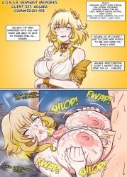 1boy 1boy1girl 2koma aglaea_(honkai:_star_rail) anime_one_night_stands bed bedroom blind blind_female blonde_hair comic cum_on_breasts cum_on_face cumming_from_paizuri dialogue dialogue_box dywtba-alt-universe female goddess honkai:_star_rail honkai_(series) hoyoverse juto_arigato large_breasts large_penis laurel_crown male older_female older_female_and_younger_male one_eye_closed open_mouth paizuri pale-skinned_female scentplay sweat tattoo titjob younger_male