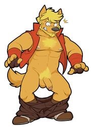 1boy anthro balls blonde_hair body_hair canine chest_hair fur furry hair male male_only mammal nipples penis pubes pubic_hair solo uncut vasuki wolf