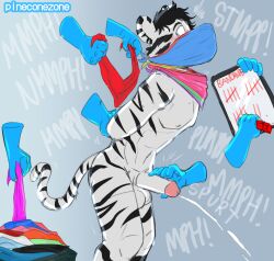 absurd_res anthro balls bandanas bodily_fluids bondage bound breast_milking captured cloth_gag cum cum_drip disembodied_hand dripping fur gag gagged gagspeak genital_fluids genitals ghost_hand hi_res kidnapping lactating machine male milking_cum milking_machine muffled nude nude_anthro nude_male orgasm orgasm_control penile penis penis_milking precum smallsavant struggling surprised sweat tail voweless