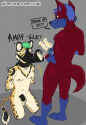 absurd_res alcohol anthro balls beer beverage bodily_fluids bondage cage caged canid canine canis chastity_cage chastity_device cheetah domestic_dog drug_play felid feline forced_drinking funnel_gag fur gag gagged gagspeak genitals hi_res male male/male mammal muffled muzzle_(object) muzzle_gag muzzled nude nude_anthro nude_male orgasm_denial peeing penis piss piss_drinking pissing smallsavant struggling substance_intoxication sweat tail text voweless