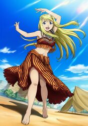 1girls abasta african_dress ai_generated barefoot blonde_hair breastsfemale dancing desert feet fullmetal_alchemist happy light-skinned_female looking_at_viewer posing pov sidelocks smug traditional_clothes tribal winry_rockbell