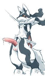 arms_behind_back balls big_penis blush bondage bound chains collar cum cum_on_penis erection kemoisumi leash lucario male male_only mega_evolution mega_lucario nintendo penis pokemon pokemon_(species) precum red_eyes reluctant solo video_games