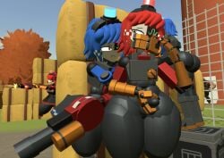 3d bad_anatomy bad_end big_ass big_thighs black_body blue_hair dell_spencer femboy heavy_weapons_guy mimi_sentry mini_sentry rec_room red_hair robot robot_boy robot_girl team_fortress_2