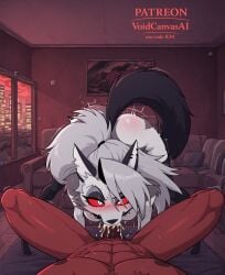ai_generated blowjob breasts clipped_ear cum cum_in_mouth deepthroat demon grey_fur grey_hair hell hellhound helluva_boss living_room loona_(helluva_boss) medium_breasts muscular_male ponytail red_eyes red_skin six_pack tagme thick_thighs thighhighs thighs wolf_ears wolf_girl wolf_tail