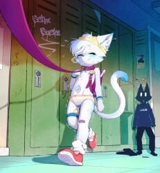 1other aas_(pixiv_3382255) animal_ear_fluff animal_ears animal_nose backpack bag bandaid bandaid_on_knee bandaid_on_leg belt_collar blue_eyes blush body_fur body_markings breath closed_mouth collar commentary english_commentary facial_mark female flat_chest flute furry furry_female graffiti half-closed_eyes hand_up highres indoors instrument leash locker loose_socks multicolored_panties navel nipples object_on_head original panties panties_on_head paw_print_soles print_panties public_indecency purple_bag purple_collar randoseru recorder red_shoes remote_control_vibrator school school_bag sex_toy shoes short_hair signature smile socks sweat tail tail_raised thigh_strap topless_female trembling underwear underwear_only vibrator vibrator_in_thigh_strap walking wavy_mouth whisker_markings white_fur white_hair white_socks wristband ych_commission yellow_panties