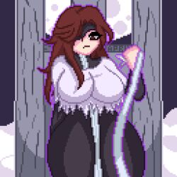2d aizen_sousuke anime anime_girl anime_style april0 arrogant aura black_clothing bleach bleach:_the_thousand-year_blood_war breasts breasts_bigger_than_head brown_eyes brown_hair collar femdom hueco_mundo moon pixel_art pov ripped_clothing rule_63 throne voluptuous voluptuous_female