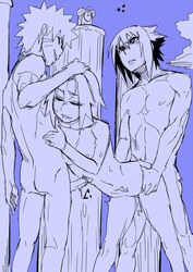 1girls 2boys abs ass ass_grab breasts clock female huge_cock human konakona long_penis male muscular naruto outdoors outside penis sakura_haruno sasuke_uchiha small_breasts straight threesome uzumaki_naruto