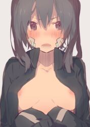 blue_eyes blue_hair blush breasts ene_(kagerou_project) female kagerou_project nipples open_clothes open_mouth open_shirt shirt solo tied_hair twintails