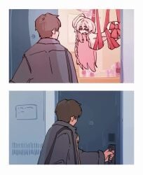 1boy 1girls artist_request bondage brown_hair caught_naked large_breasts long_hair music naked_female opening_door pink_hair ribbon ribbon_bondage short_hair shorter_than_30_seconds sound suspended_in_midair suspension_bondage tagme video