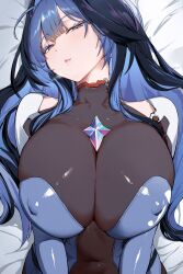 1girls ai_generated black_hair blue_eyes blue_hair bodysuit character_request female female_only goddess_of_victory:_nikke huge_breasts large_breasts lying lying_on_bed pale_skin pale_skinned_female two-tone_hair