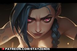 1girl ai ai_art ai_generated arm_tattoo asymmetrical_bangs biting_own_lip blue_hair braid breasts closed_mouth hair_over_shoulder jinx_(league_of_legends) league_of_legends letterboxed long_hair looking_at_viewer nipples nude pink_eyes shoulder_tattoo small_breasts smile solo sweat tattoo twin_braids