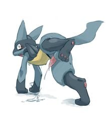 1boy all_fours balls blush cum cum_on_penis kemoisumi lucario male male_only nintendo orgasm penis pokemon pokemon_(species) red_eyes solo video_games